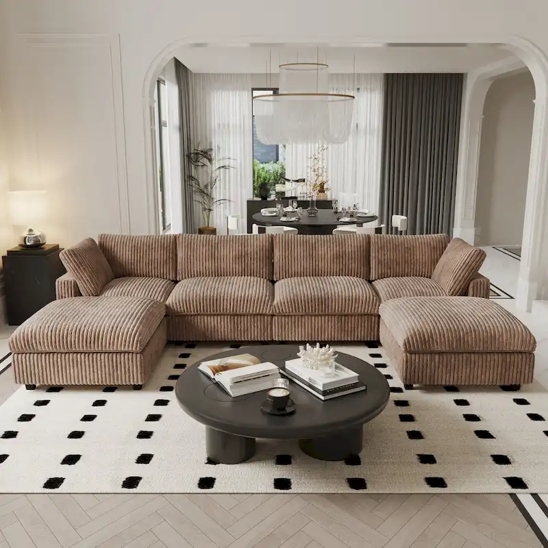 Beige 6-Seat U-Shape Modular Sectional Sofa with Cushions