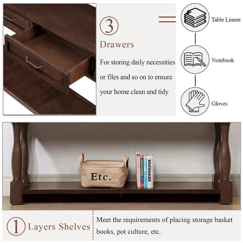 63inch Long Wood Console Table with 3 Drawers