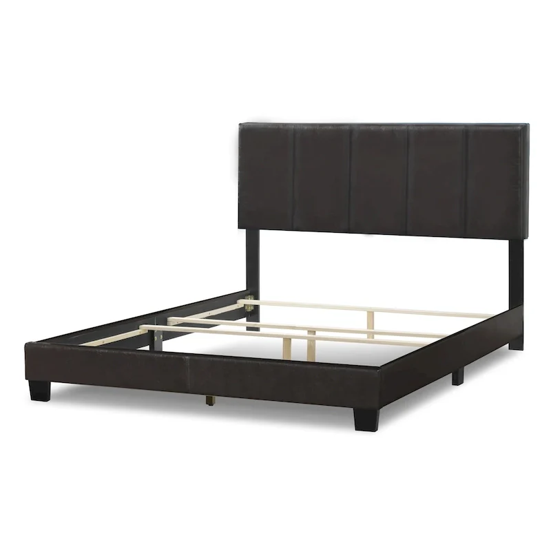 Black Brown Faux Leather Bed with Line Stitch Tufting