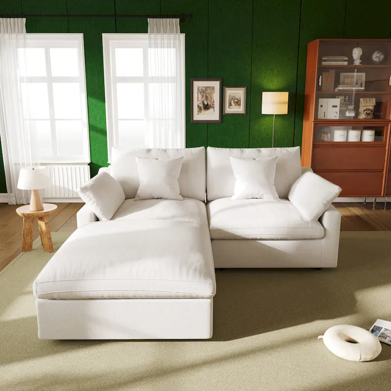 82.68 Down Filled Sectional Couch L-shape Linen Upholstered Loveseat with Ottoman