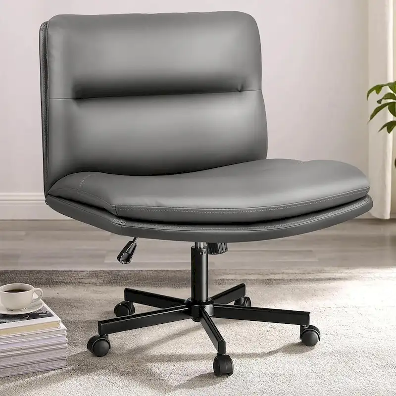 Bossin Criss Cross Chair with Wheels,PU Leather Armless Cross Legged Office chair, Adjustable Wide Seat Task Vanity Chair