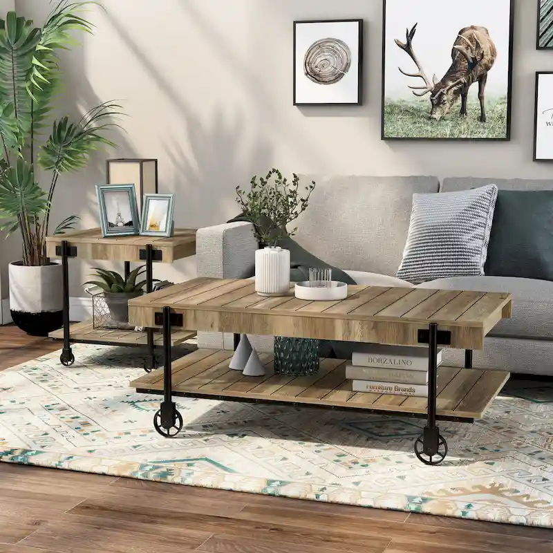 Farmhouse Steel 2-Piece Coffee Table Set with Shelf