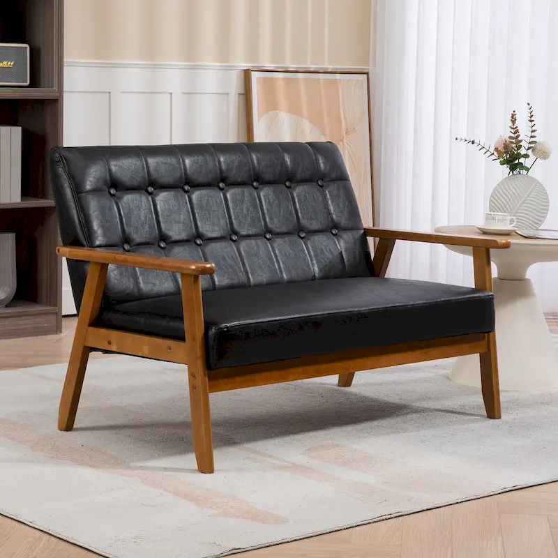 Mid-Century Linen/PU Upholstered Wood Frame Tufted Loveseat Sofa