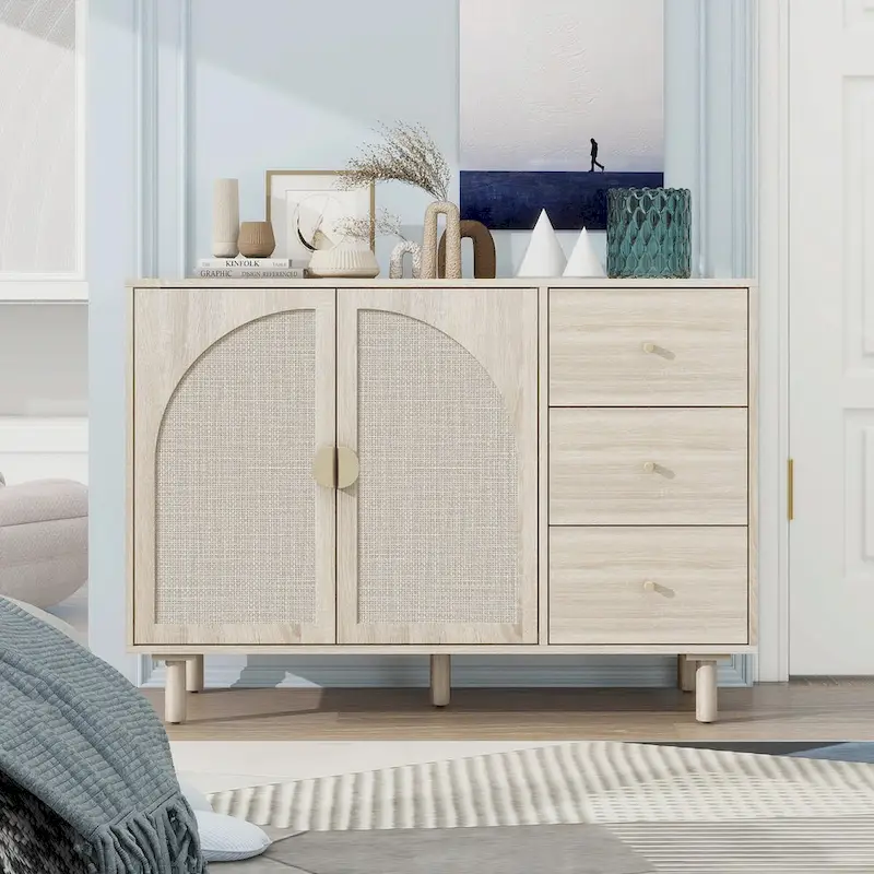 2 Doors Rattan Storage Cabinet with Adjustable Shelves and 3 Drawers