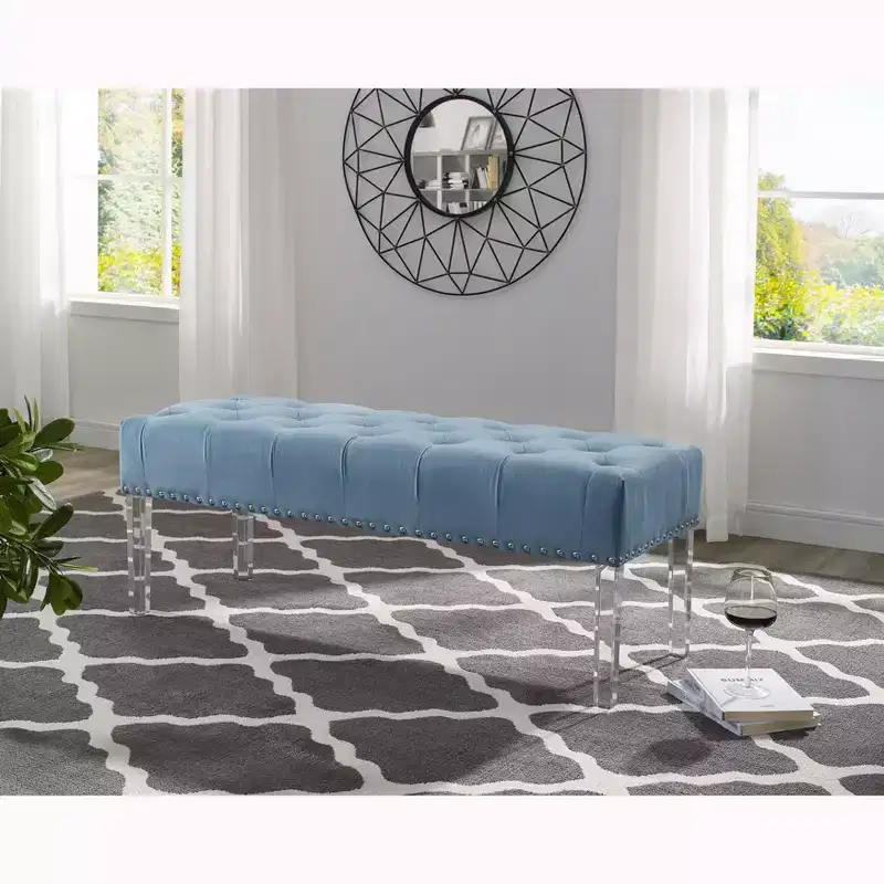 Roundhill Furniture Valley Button tufted Velvet Upholstered Bench With Acrylic Leg, Blue
