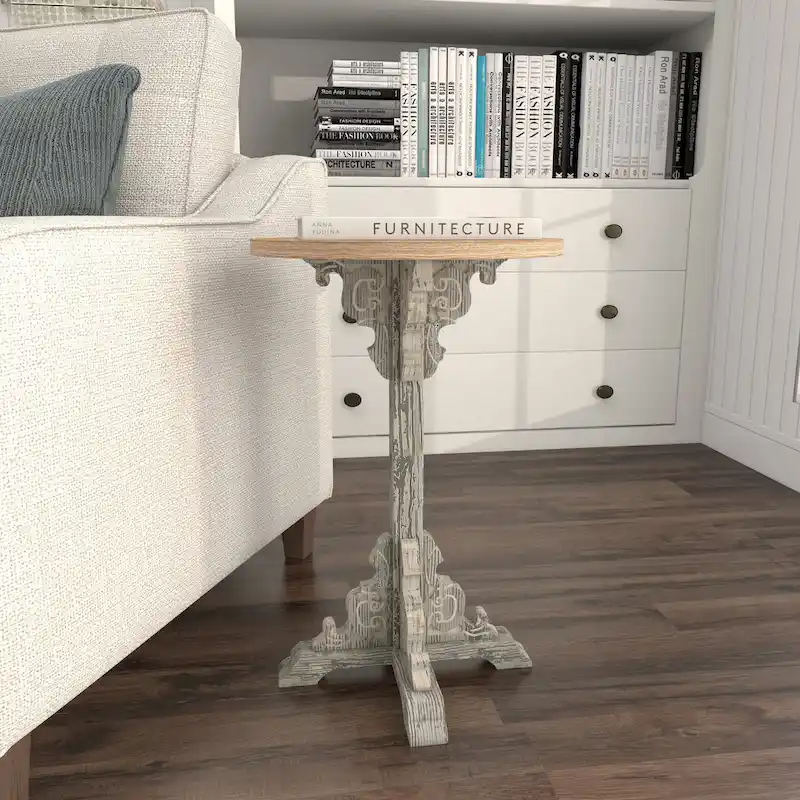 Wood Scroll Intricately Carved Accent End Table, Rustic Brown Gray Cream Side Table