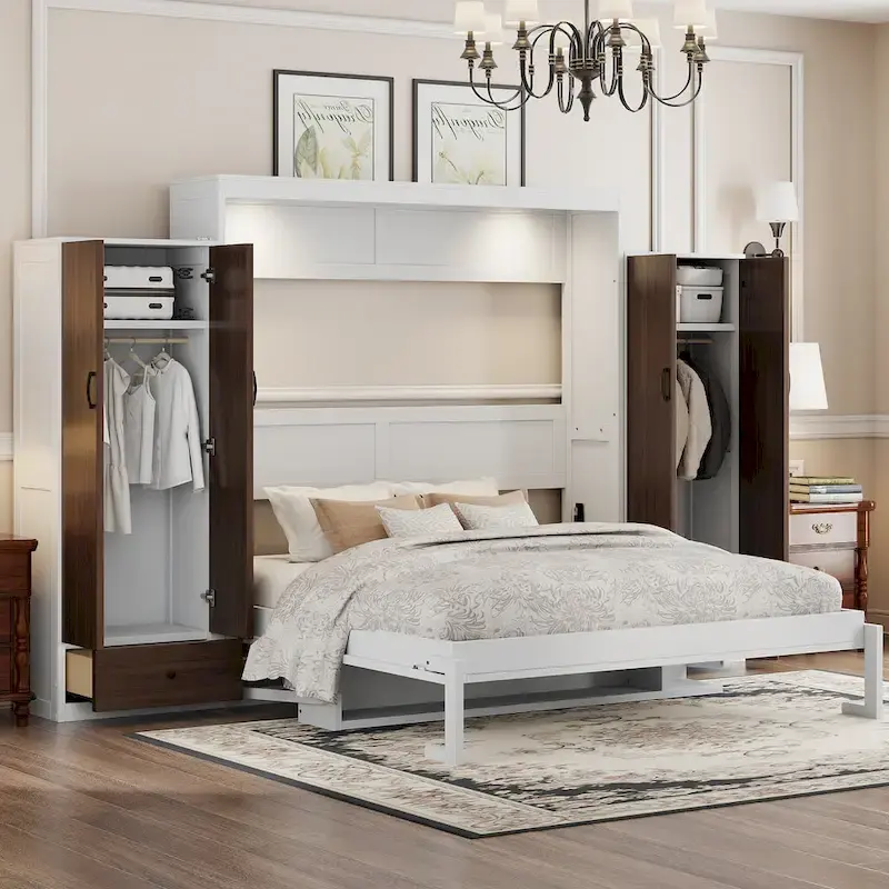 Queen Size Murphy Wall Bed with Wardrobe, Drawers and Fold-Down Desk