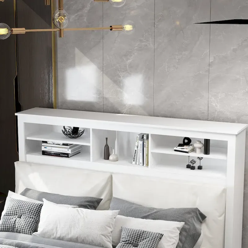 White Bookcase Headboard with RGB LED Lights and Adjustable Shelves – Queen, Single Bed