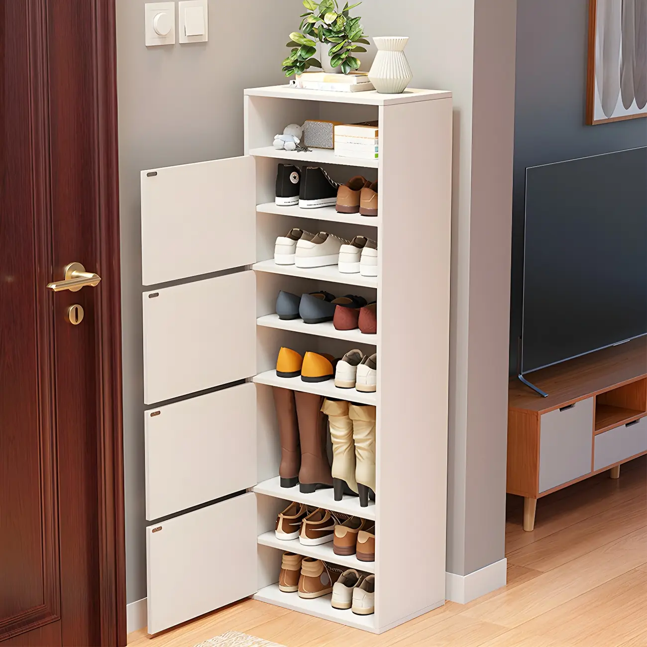 Modern White Tall Shoe Cabinet with Adjustable Shelves