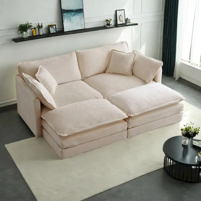 4-Piece Modular Chenille Upholstered Sleeper Sectional Sofa Bed with Ottoman