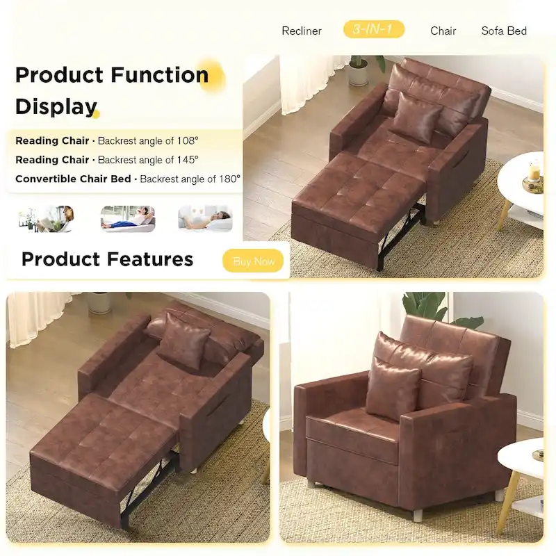 AECOJOY Adjustable Sleeper Chair Bed 3-in-1 Convertible Futon Sofa