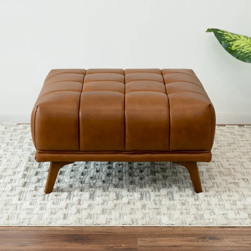 Kameron Mid-Century Tufted Upholstered Tufted Back Leather Ottoman in Tan