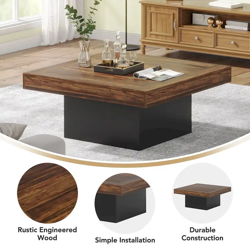 Farmhouse Coffee Table Square LED Coffee Table Engineered Wood Coffee Table