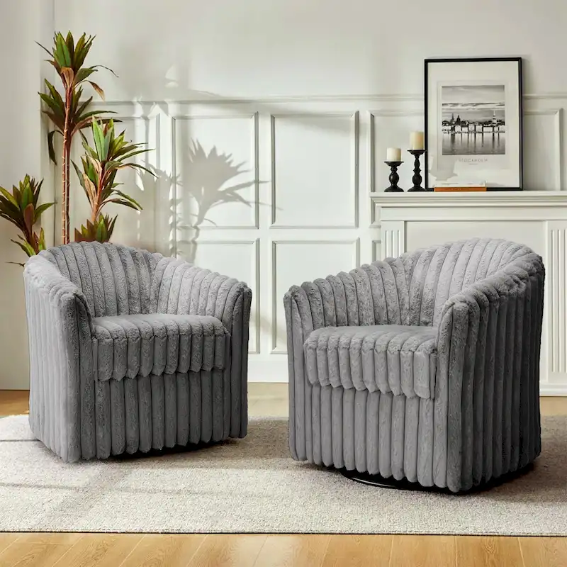 Faux Rabbit Fur Swivel Barrel Chairs - Set of 2