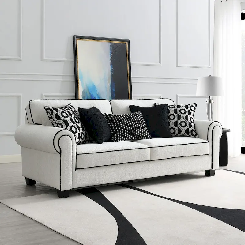 Furniture of America Anastasia White Chenille Sofa with Accent Pillows