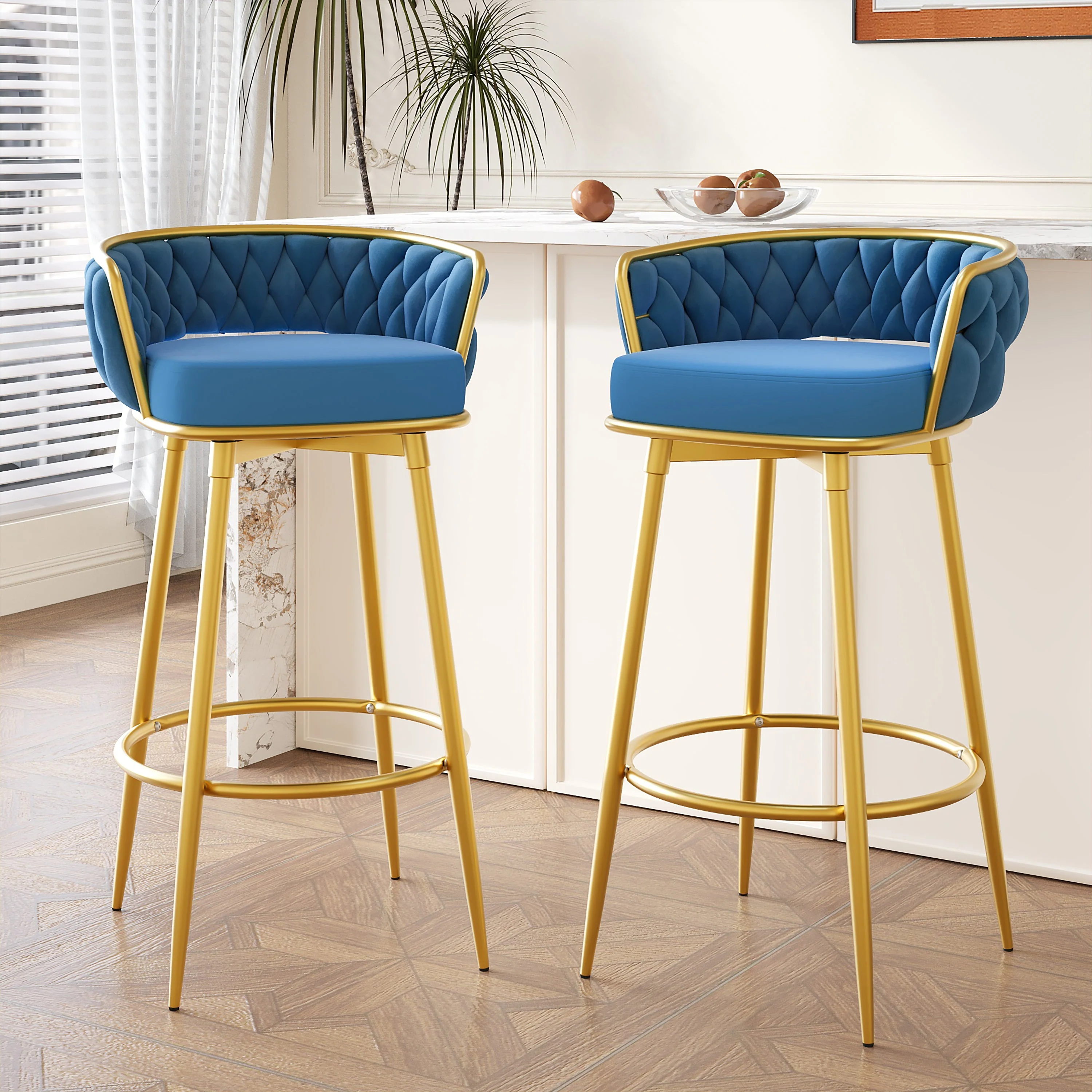 Set of 2 Velvet Swivel Bar Stools 180¡ã Gold Frame w/ Woven Back & Footrest