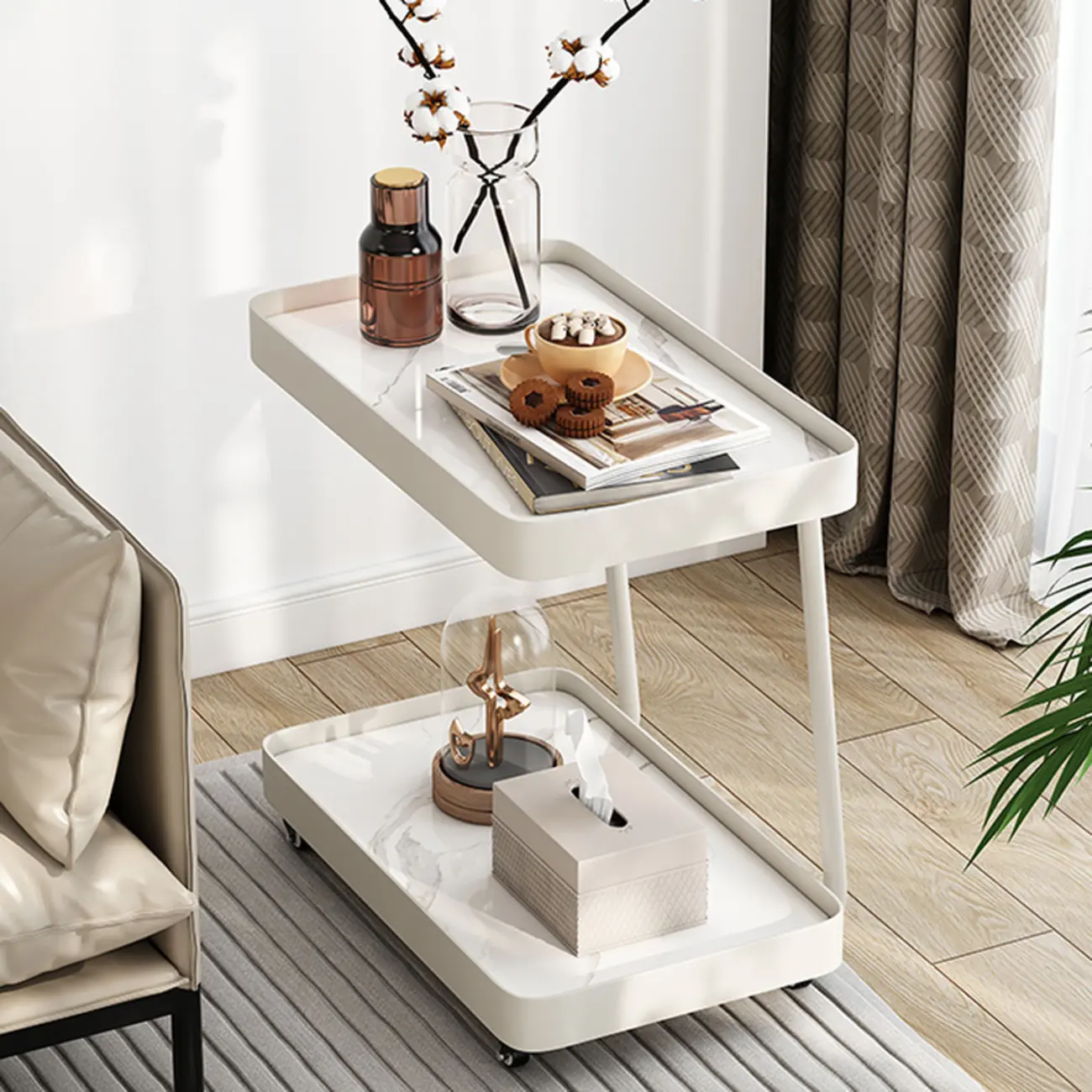 Modern C-Shaped White Stone Rectangular Swivel Side Table