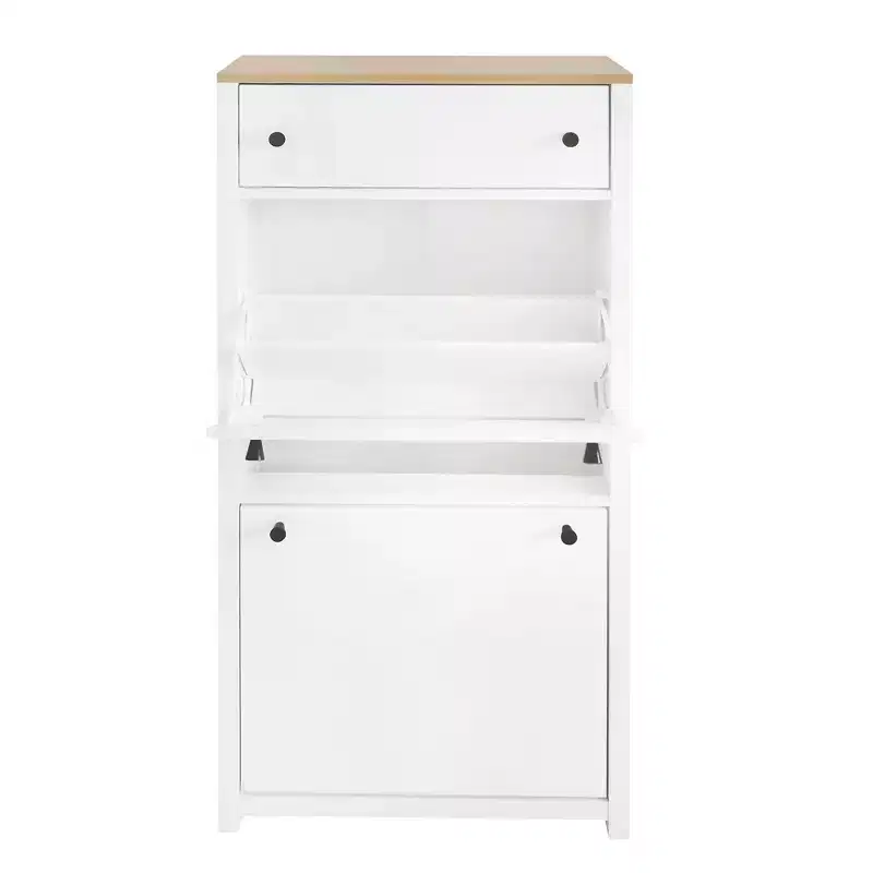 Functional Wood Grain Shoe Cabinet with 2 Flip Top Drawers and Adjustable Panels