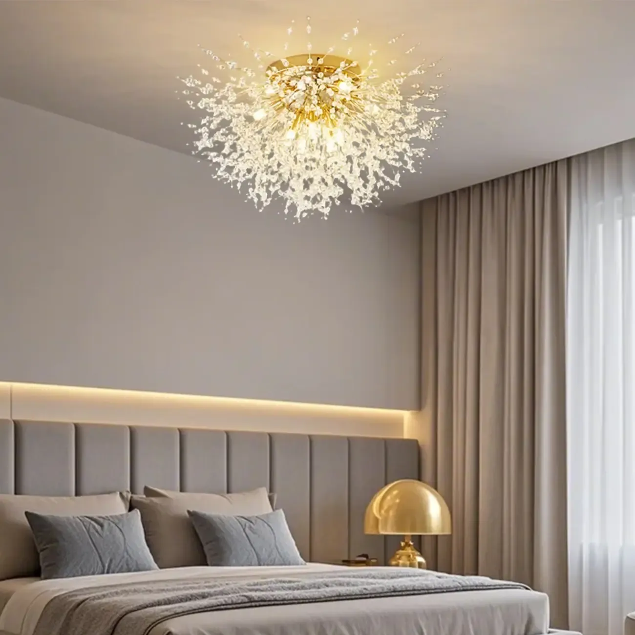 Glamorous Crystal Starburst Gold Semi Flush Ceiling Light