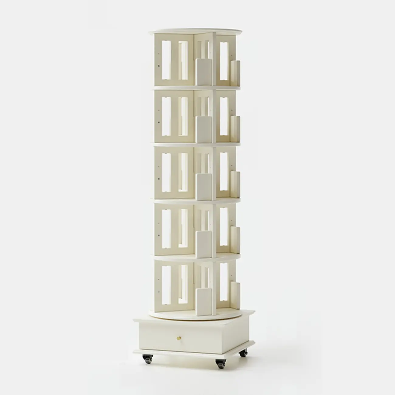 Cylindrical Movable 360° Rotating Wooden Bookshelf with Drawer
