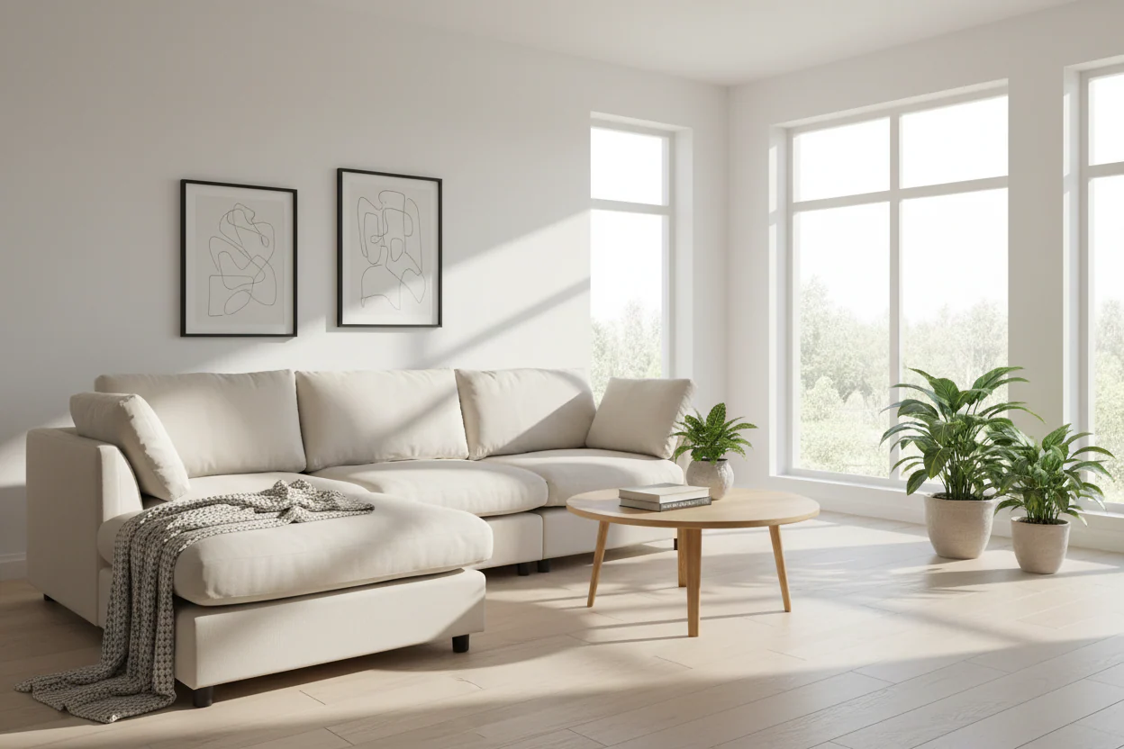 Beige 113 L-Shaped 4-Seat Sectional Sofa with Adjustable Footrest and Reversible Chaise