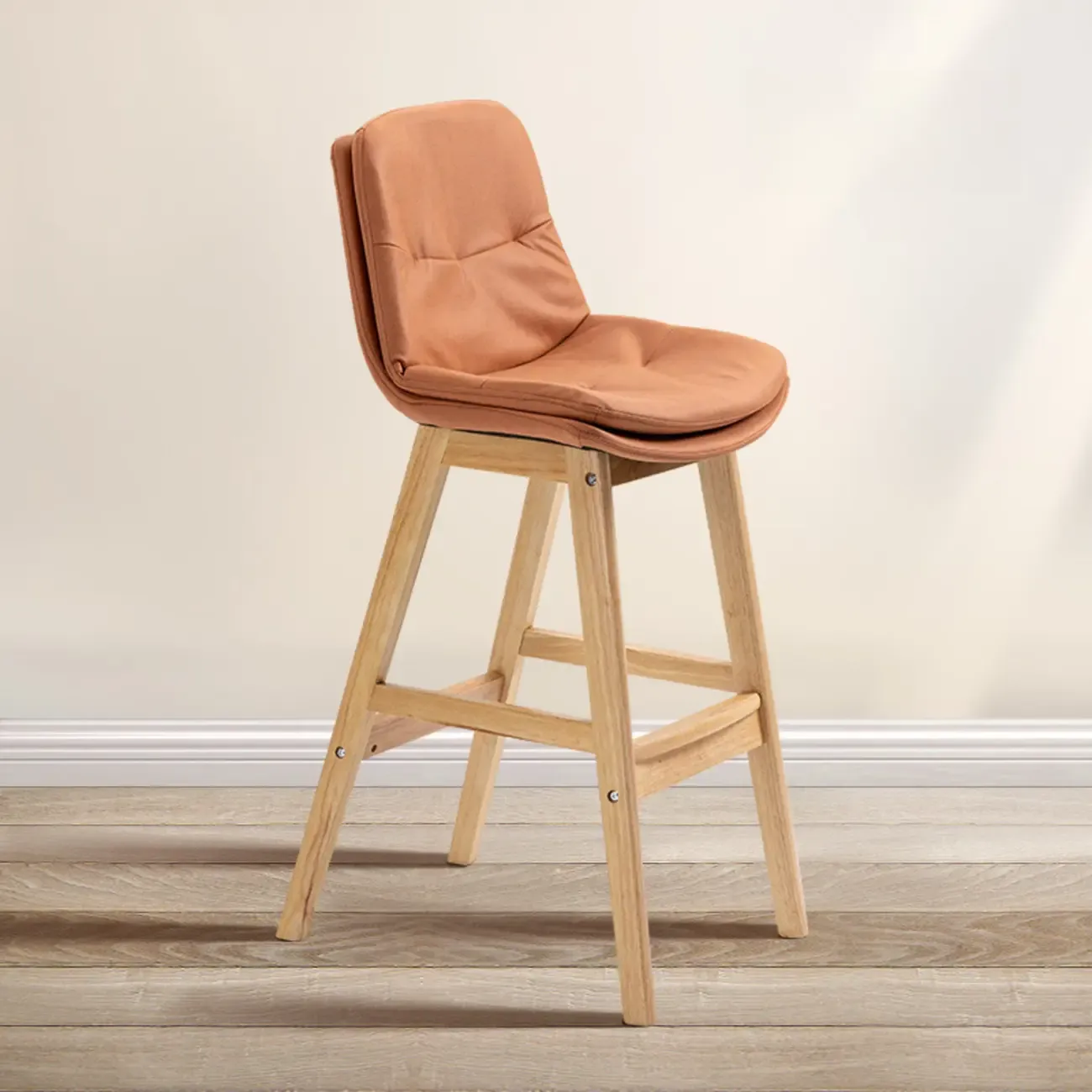 Scandinavian Wood Frame Leather Ergonomic Bucket Bar Stool