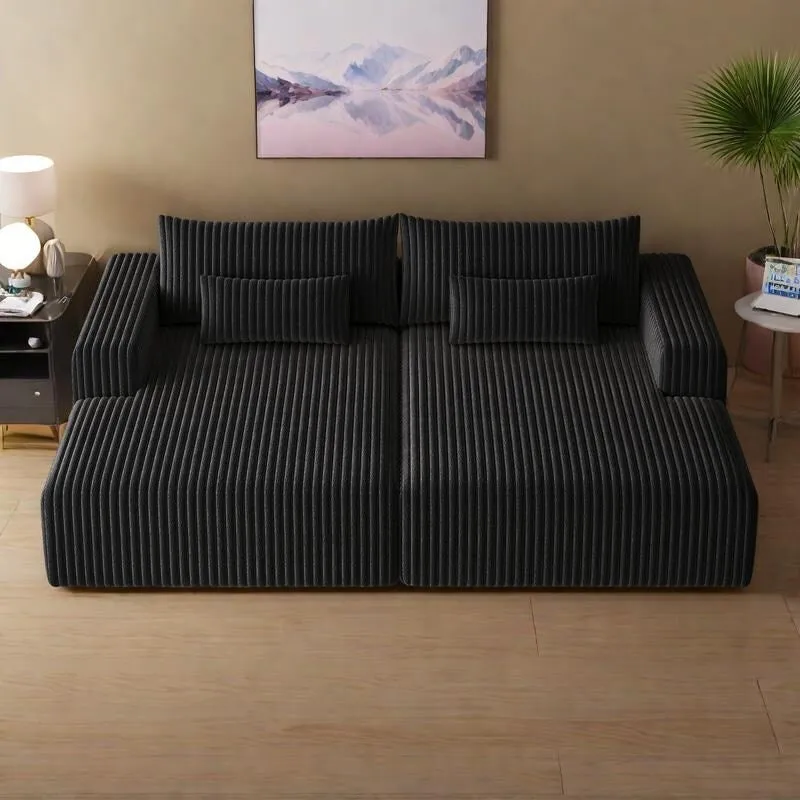 102 Corduroy Cloud Chaise Sectional with Reclining Sofa Bed, No-Assembly Design & Ergonomic Backrest