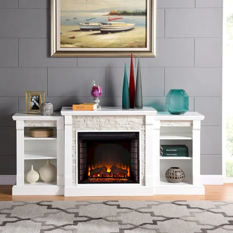 SEI Furniture Remote Controlled LED Electric Fireplace with Mantel in White Stone and Storage