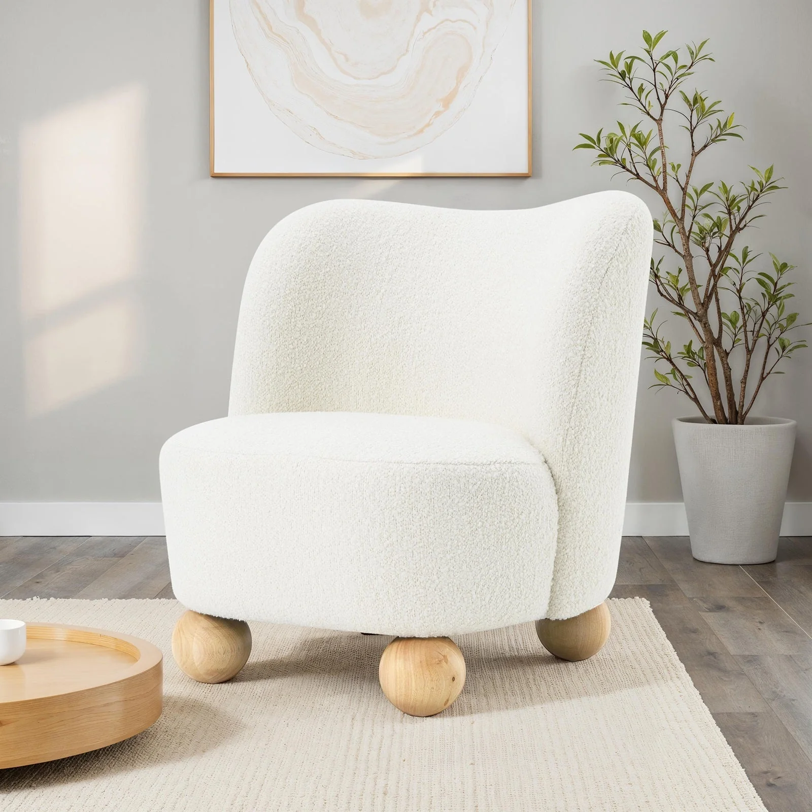 Curve Back Boucle Accent Chair with Ball Feet