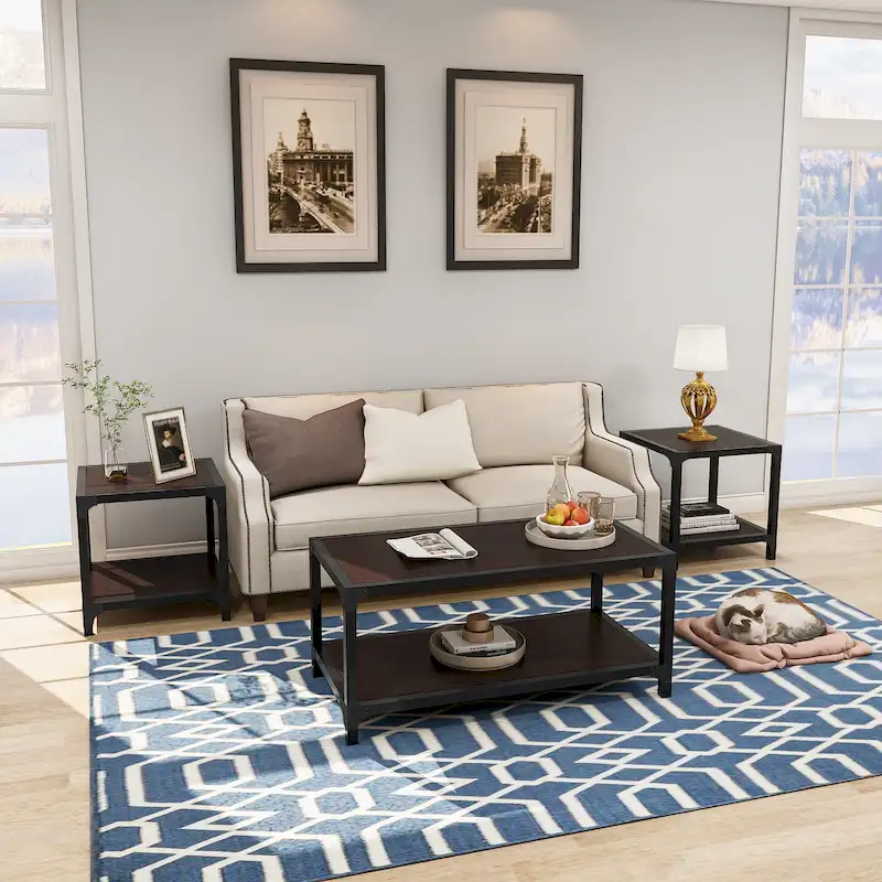 Davee 3 Pieces Wood and Metal Coffee Table Set with Shelf - 40x20x18 & 20x20x20 &20x20x20