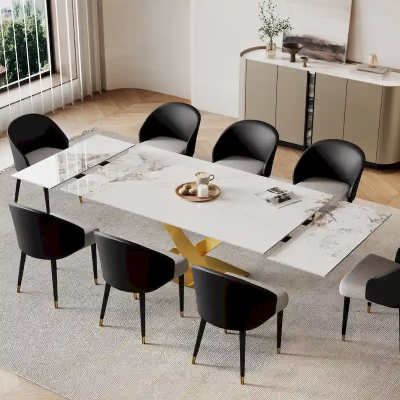 9 - Piece 94.48 Rectangular Extendable Sintered Stone Dining Table with 8 Faux leather Chairs Dining Set