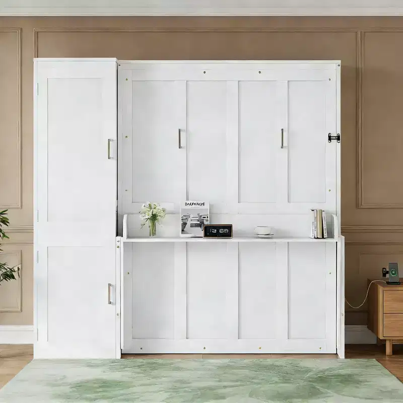 White Queen Murphy Bed with Wardrobe & Desk, 2–3 Person Assembly