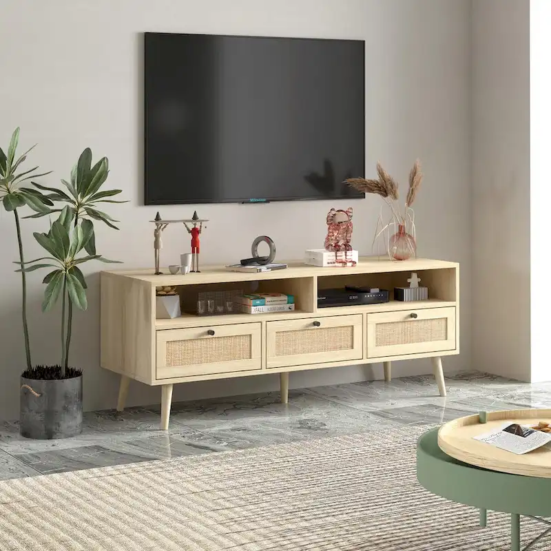 Modern Rattan TV Stand with Solid Wood Feet