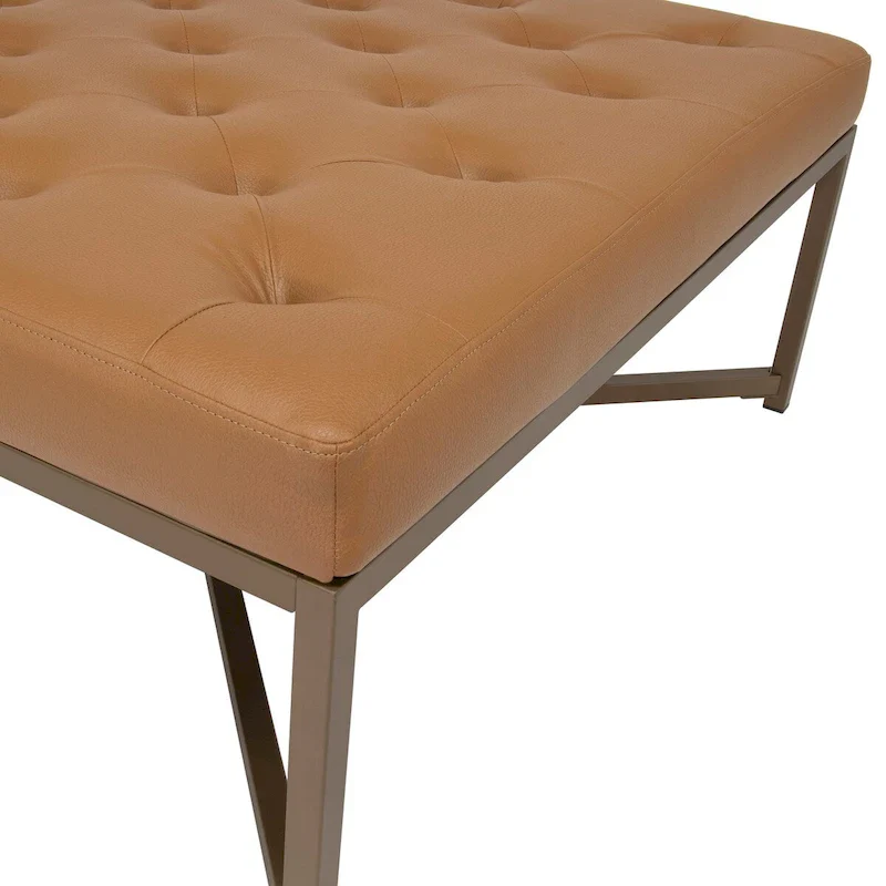 Metal and Tufted Leather Large Cocktail Ottoman