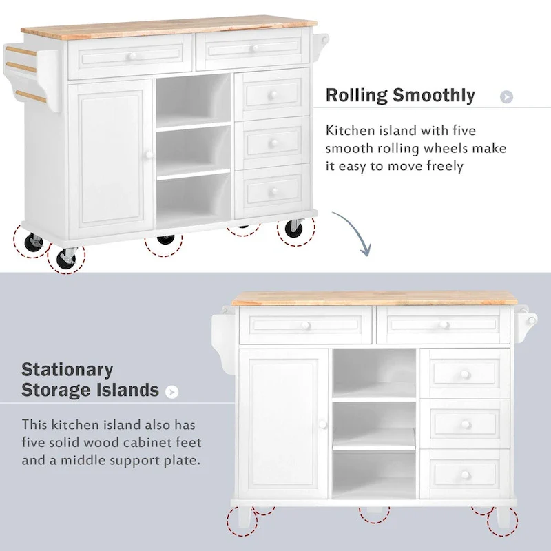 Rubber Wood Desktop Kitchen Cart Featuring Five Drawers, Concealed Cabinet, Adjustable Shelves and Smooth Rolling Wheels