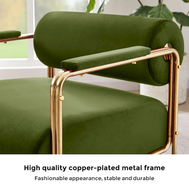 31 Wide Velvet Armchair with Cylindrical Backrest and Metal Frame