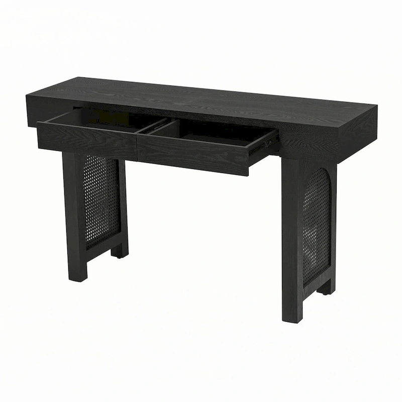 Narrow Console Table with Rattan Accent(Antique Black)