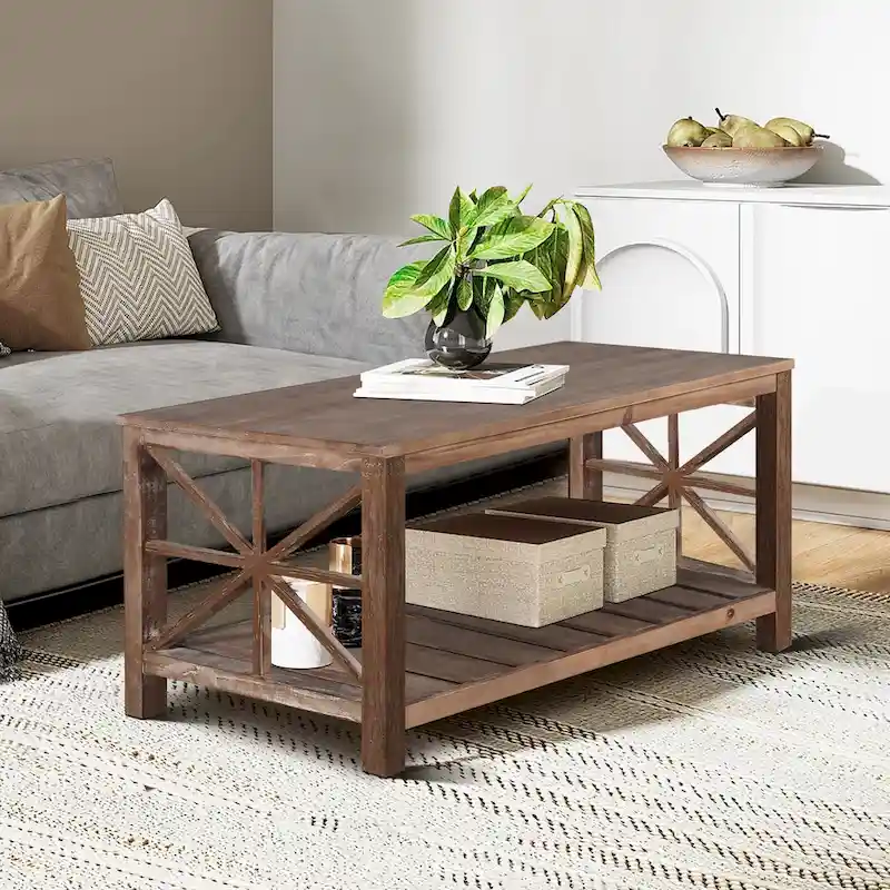 Open Shelf Coffee Table – Antique Black / Brown, Handcrafted Wood, Single
