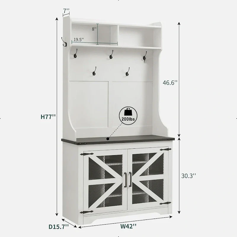 42 Wide Farmhouse Entryway Bench with Coat Rack, Mudroom Cabinet