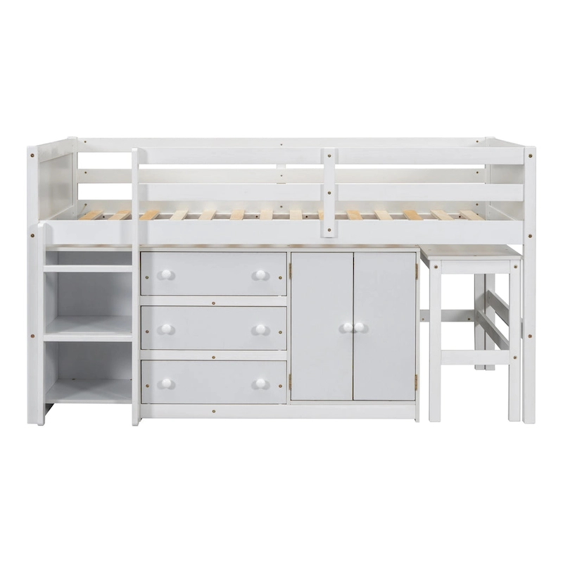 White Twin Wood Low Loft Bed with Pull-Out Desk & Drawers
