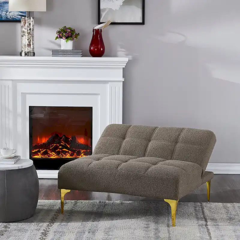Convertible Futon Teddy Fabric Sofa Bed With Gold Metal Legs