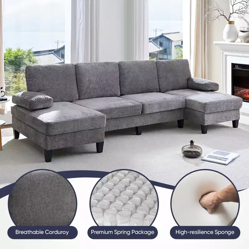 Mjkone 110U-Shaped Sectional Couches,Chenille Upholstered Large 4-Seater Sofa with Double Chaises and Sleepable Armrests