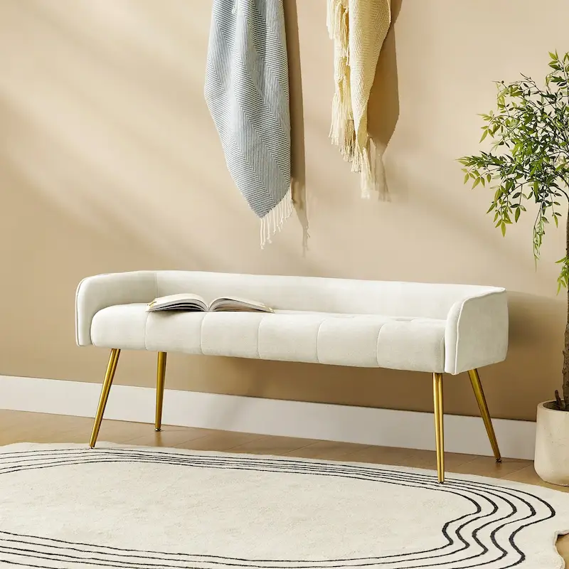Luis Modern Upholstered Low Back Bench with Sturdy Golden Metal Tapered Leg by HULALA HOME