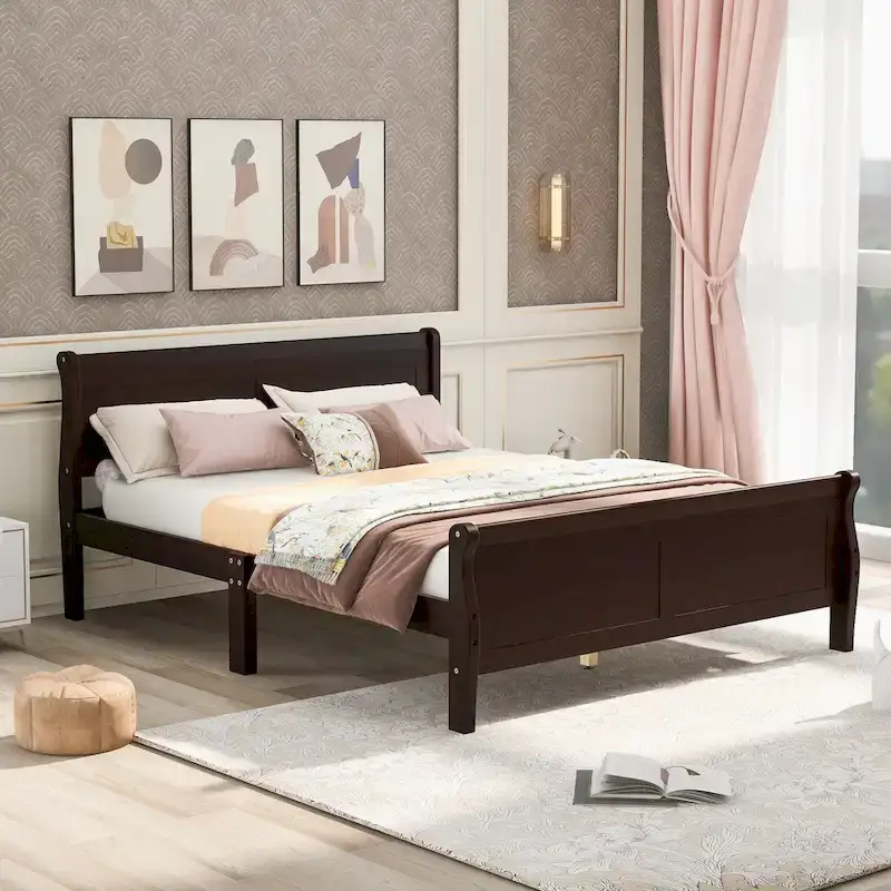 Full Size Wood Platform Bed with Headboard & Slat Support, Minimalist Design for Bedroom
