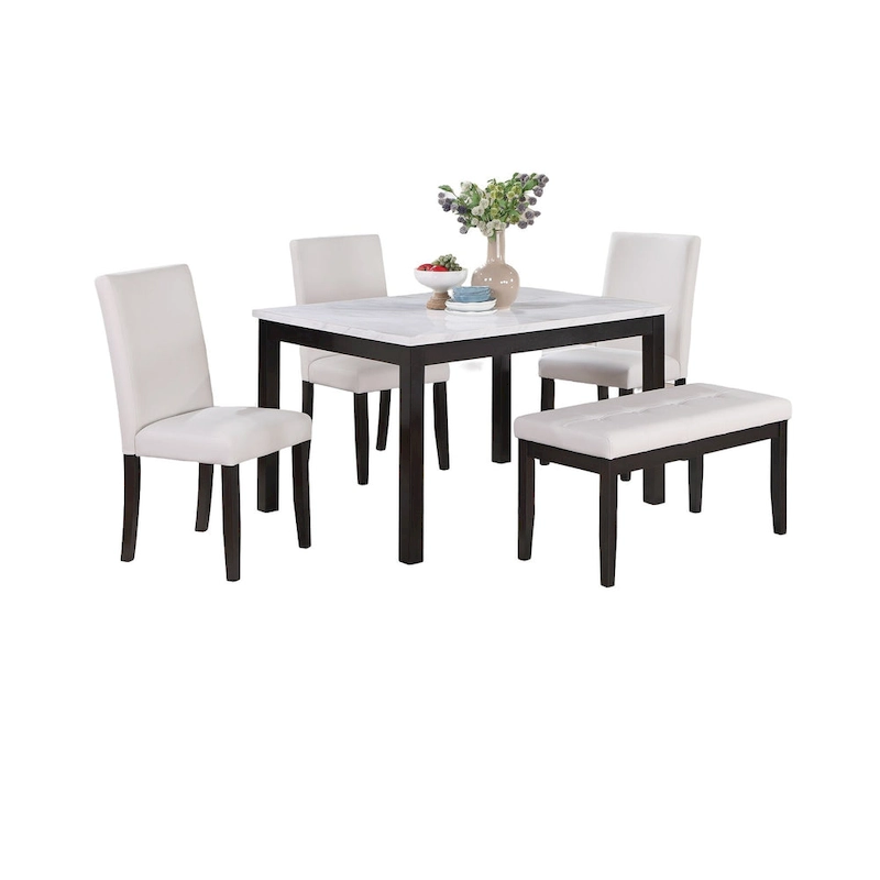 5 Piece Dining Table Set, Kitchen Dinette Set with Faux Marble Top Table, Bench and 3 Faux Leather Cushioned Chairs