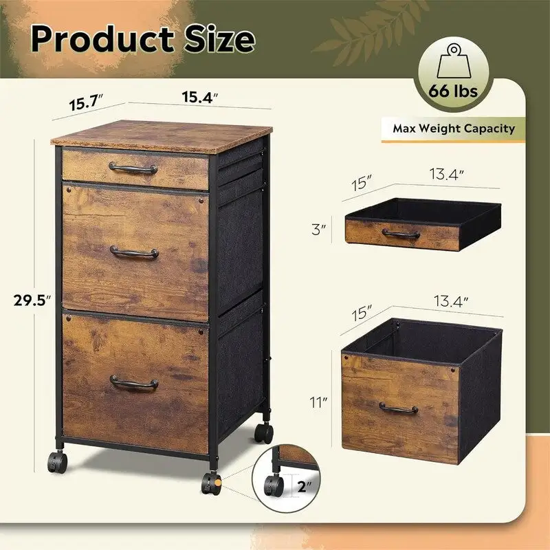 Mobile File Cabinet - 3 Drawers - Wood Top - Steel Frame - Rolling