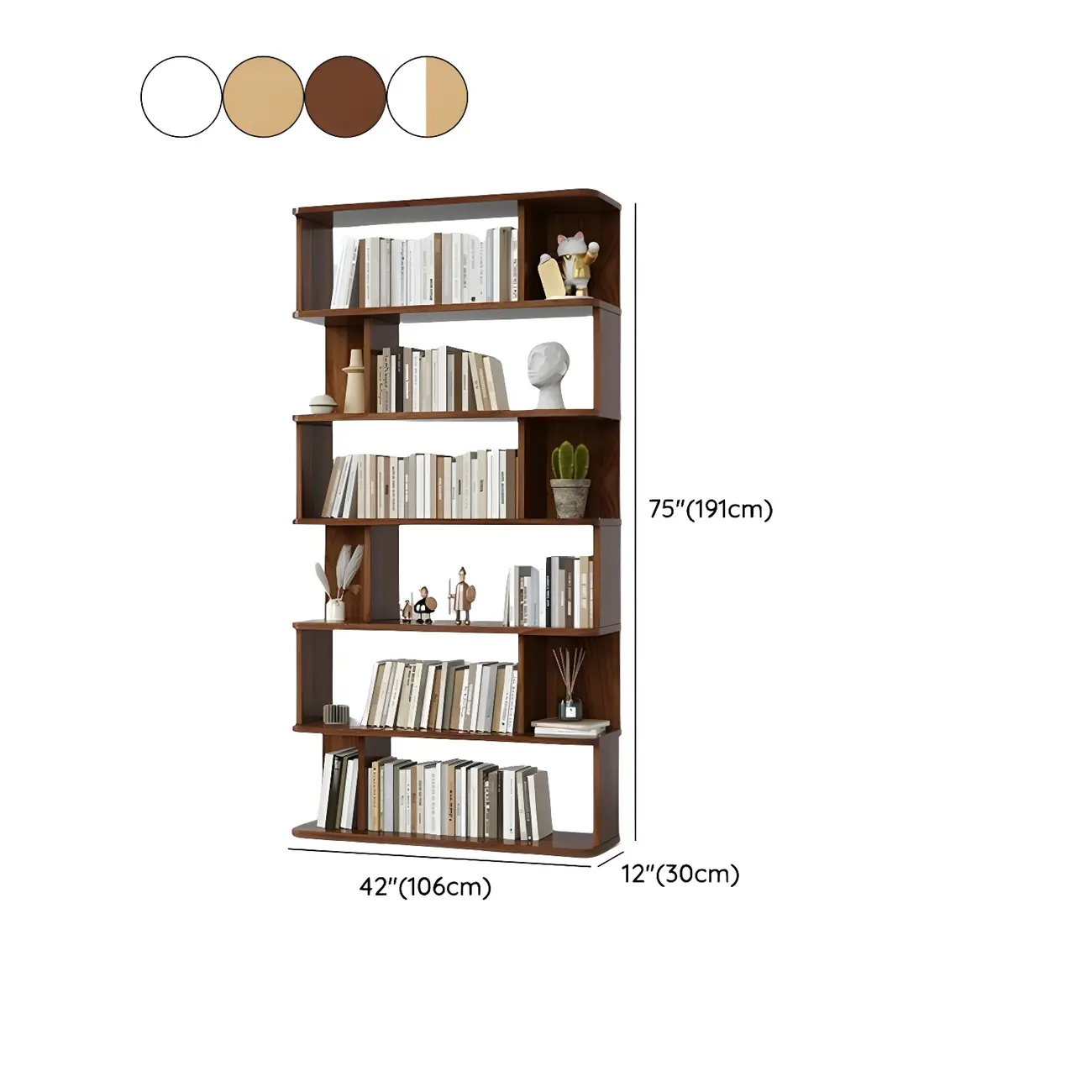 Tall Modern Walnut Open Back 6-Shelf Wood Bookcase