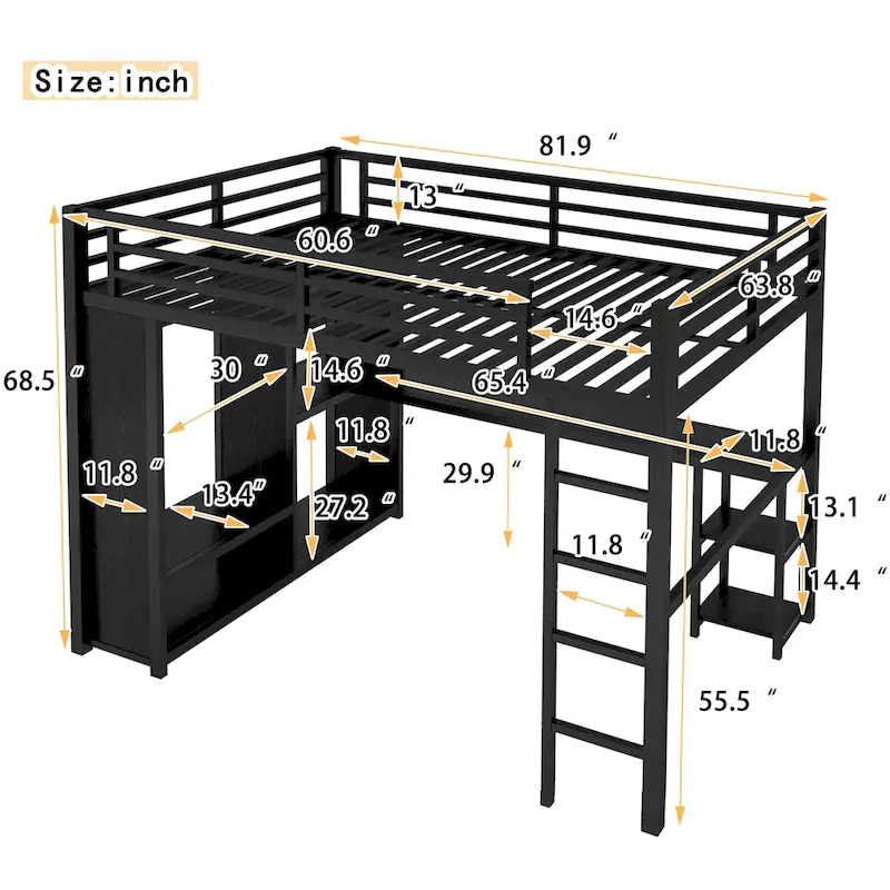 Black Queen Loft Bed with Built-in Wardrobe, Desk, and Storage Shelves, Space-Saving Design