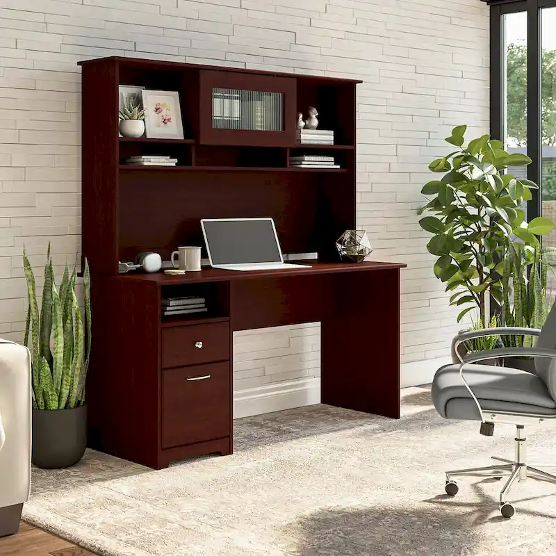 60W Computer Desk with Hutch in Espresso Oak