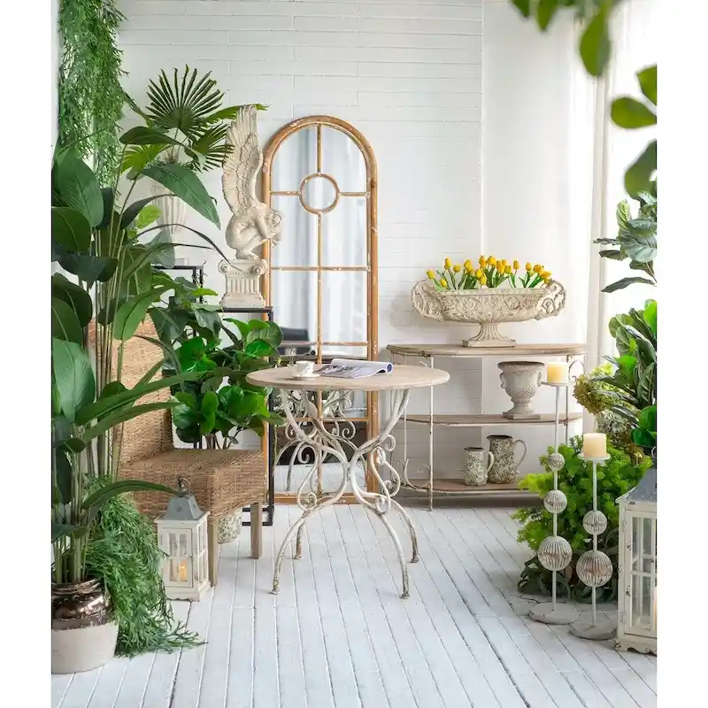 Round Wooden Table with Metal Scrollwork Legs